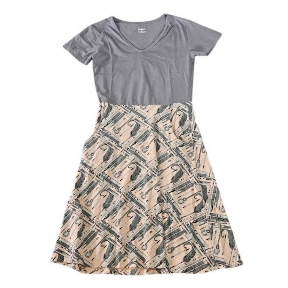 Svaha Women Small Grey Peach Quill Pen Organic Cotton Fit Flare Pocket Dress